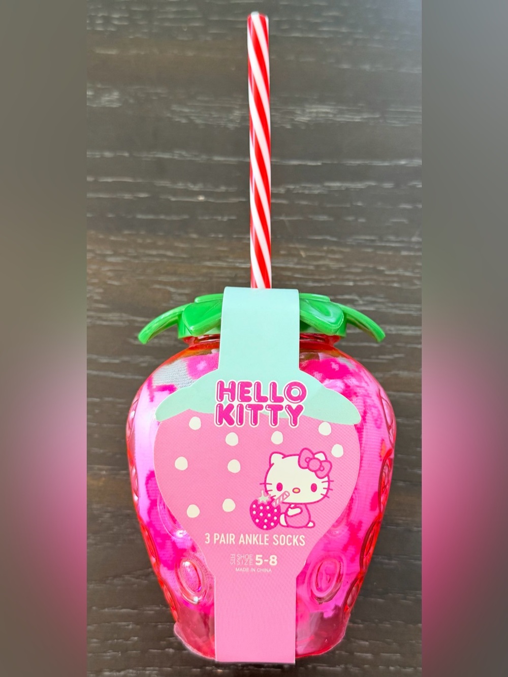 Hello Kitty Pink Strawberry Novelty Sock Set with Green Lid
